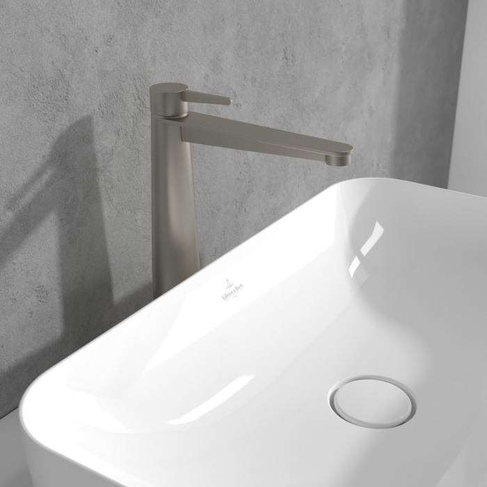 Villeroy &amp; Boch Conum Tall single-lever basin mixer with push-open waste  Brushed Nickel Matt