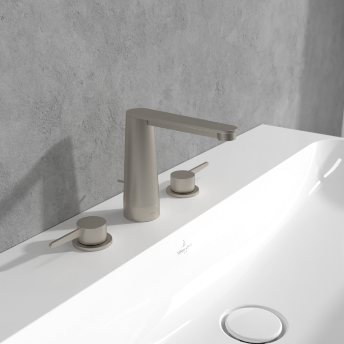 Villeroy &amp; Boch Conum Three-hole basin mixer with draw bar outlet fitting  Brushed Nickel Matt