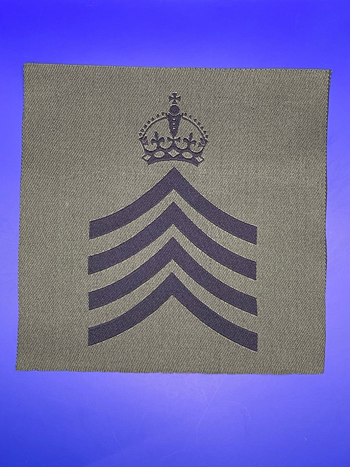 CIIIR King Charles Woven Staff Corporal SCpl Household Cavalry Rank Patch Olive Green OG Four Stripes and Crown Drum Major DMaj