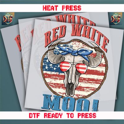 Ready To Press Red White MOO! DTF Transfers