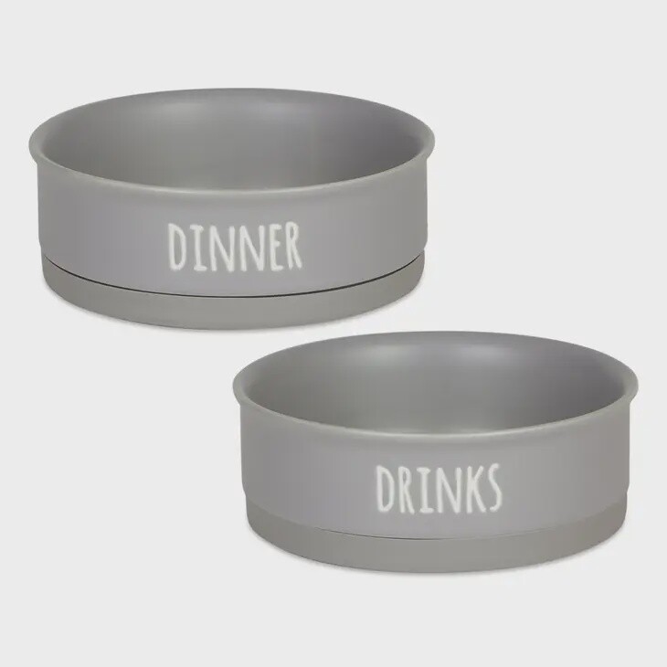Pet Bowl Dinner and Drinks Gray- M Set/2