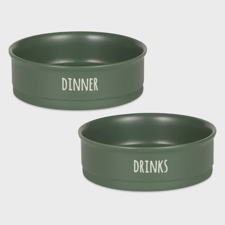 Hunter Green Pet Bowl Dinner and Drinks-L set/2