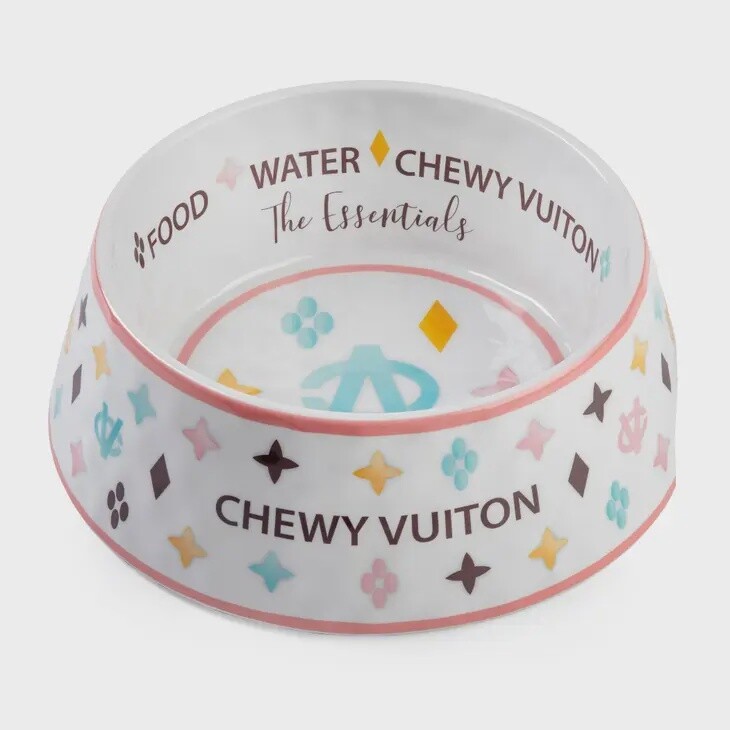 White Chewy Vuiton Dog Bowl- Small