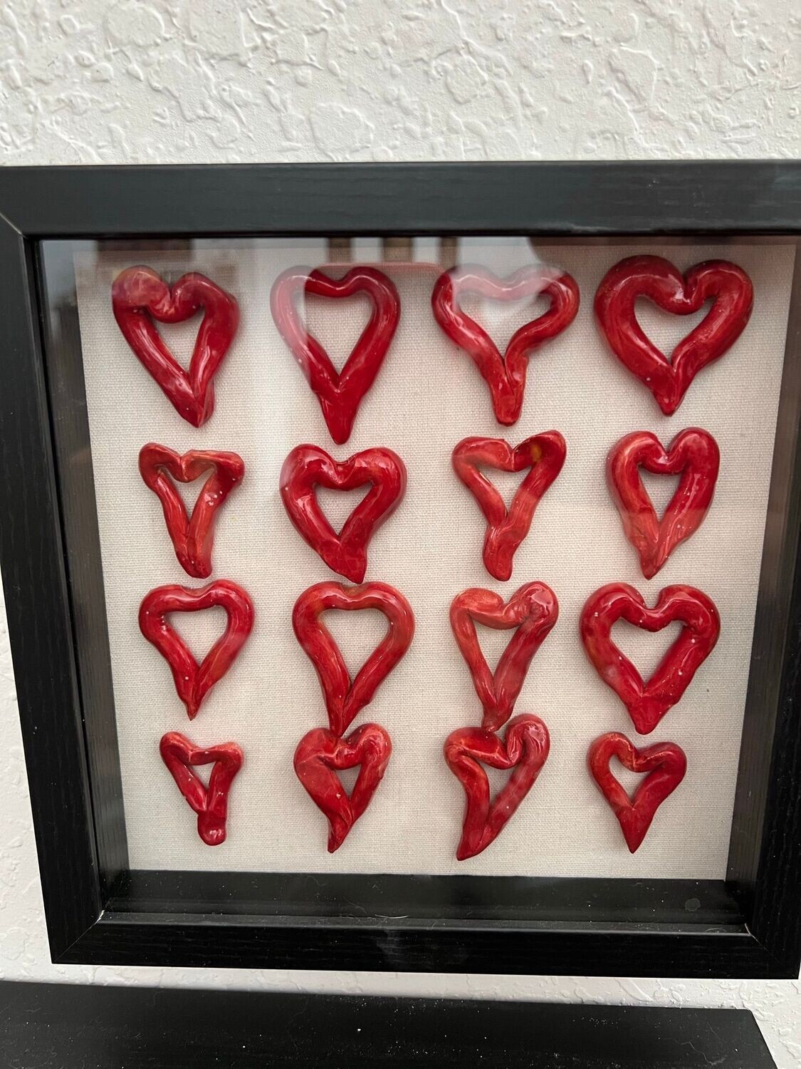 Shadow Box Framed Ceramic Sculpture Red Hearts