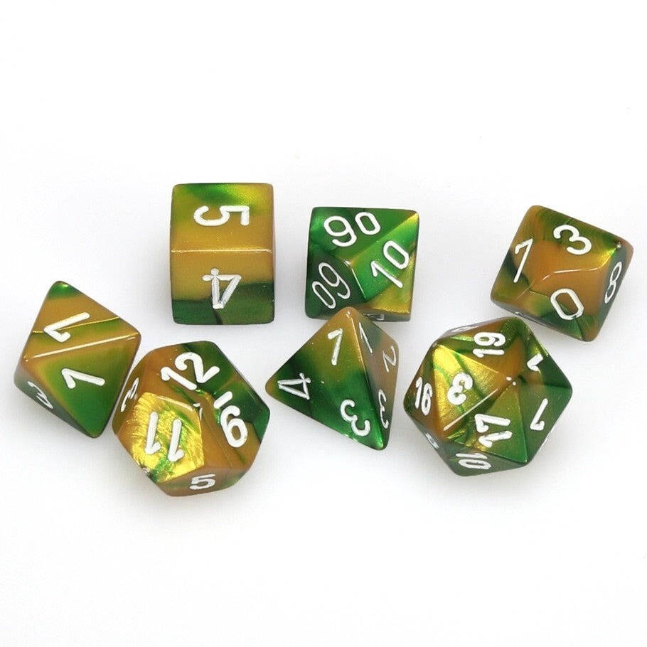 Gemini Polyhedral Gold-Green/white 7-Die Set