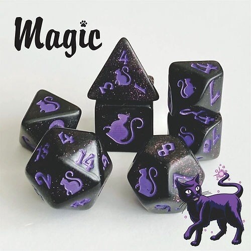Magic Kitty-Clacks 7 Piece Dice Set - Black Oak Workshop