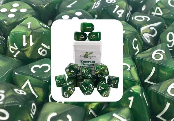 Emerald Dragon Shimmer Set of 15 Polyhedral Dice with Arch&#39;d4