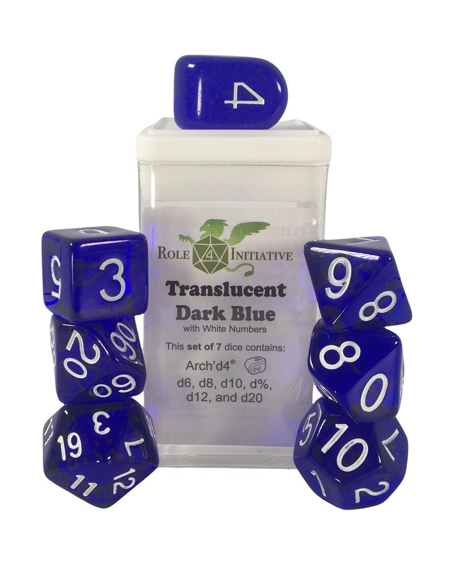 Trans. Dark Blue w/ Wht Set of 7 Polyhedral Dice with Arch'd4