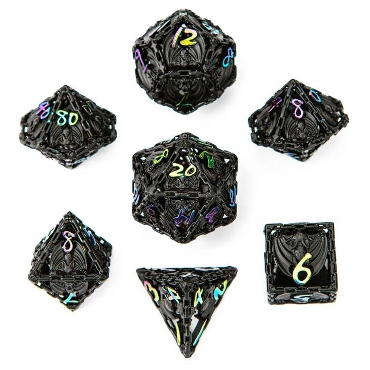 Hollow Metal Bat Polyhedral Dice Set - Black with Rainbow