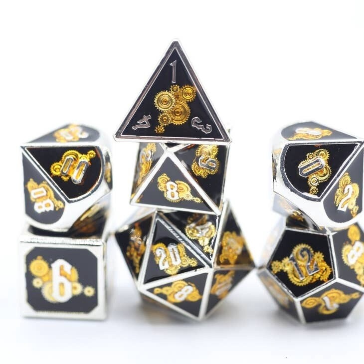 Solid Metal Gear Dice Set - Gold and Black