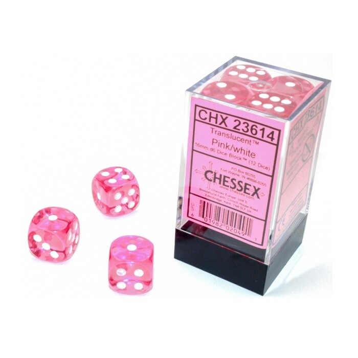 Translucent 16mm d6 Pink/white Dice Block (12 dice)