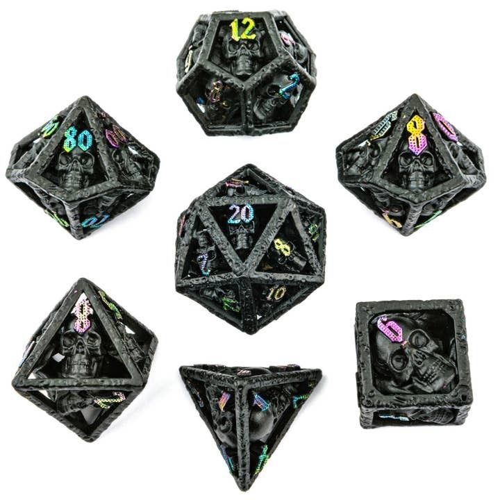 Skull&#39;s Grin Hollow Metal Dice Set - Black with Chromatic