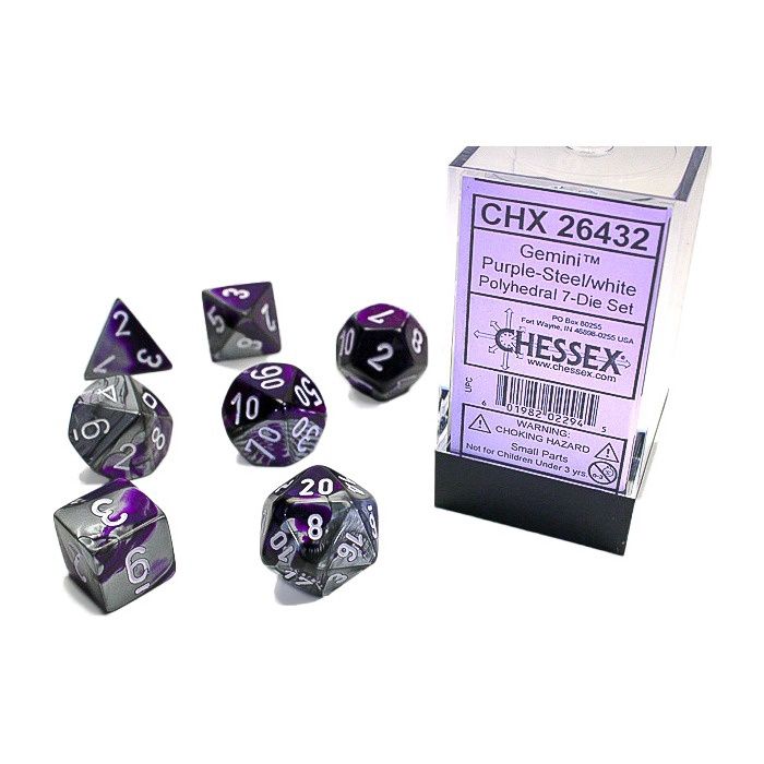Gemini Polyhedral Purple-Steel/white 7-Die Set