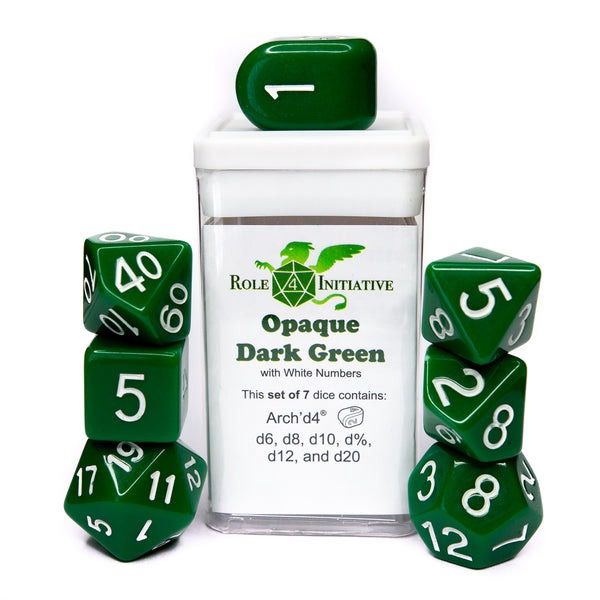 Opaque Dark Green w/ Wht Set of 7 Polyhedral Dice with Arch&#39;d4