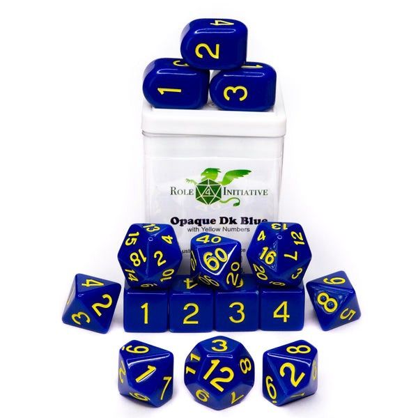 Opq Dark Blue w/ Yellow Set of 15 Polyhedral Dice with Arch&#39;d4
