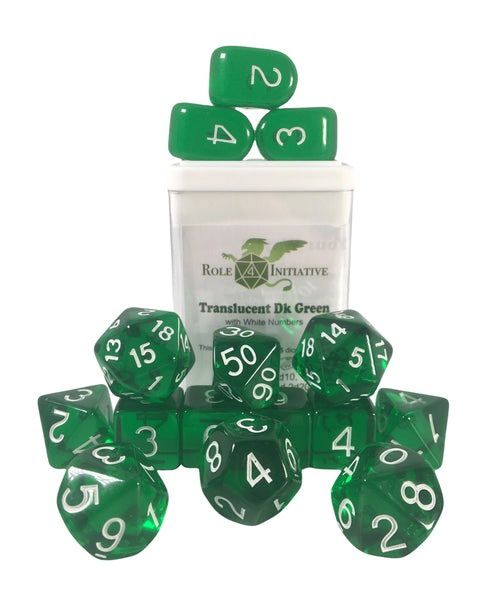 Trans. Dark Green w/ Wht Set of 15 Polyhedral Dice with Arch&#39;d4