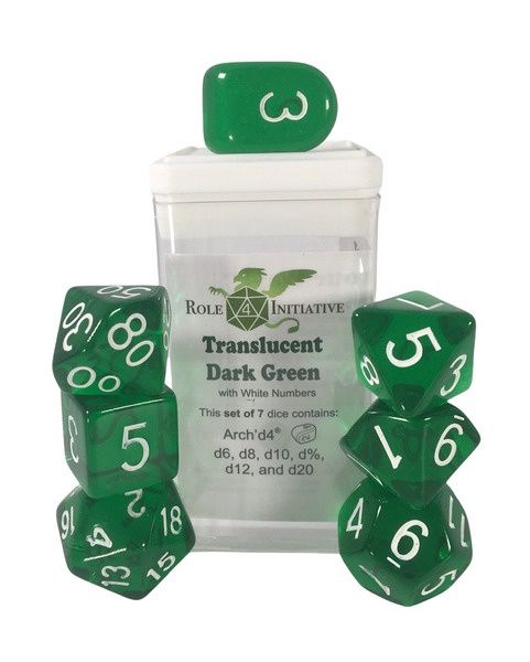Trans. Dark Green w/ Wht Set of 7 Polyhedral Dice with Arch&#39;d4