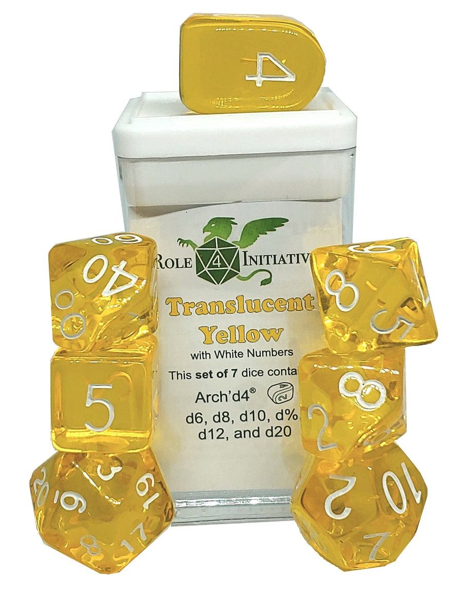 Translucent Yellow Set of 7 Polyhedral Dice with Arch&#39;d4