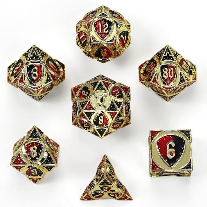 Solid Metal Fighter RPG Dice Set - Gold w/ Red & Black