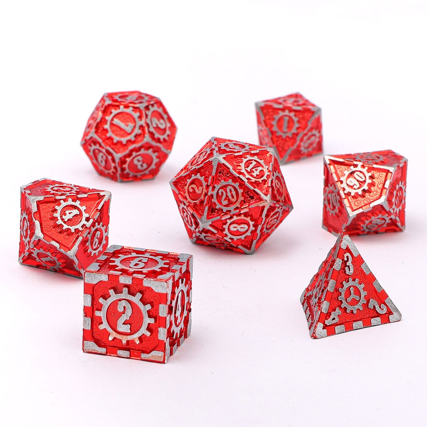 Solid Metal Gear Dice Polyhedral Dice Set - Matte Silver and Red