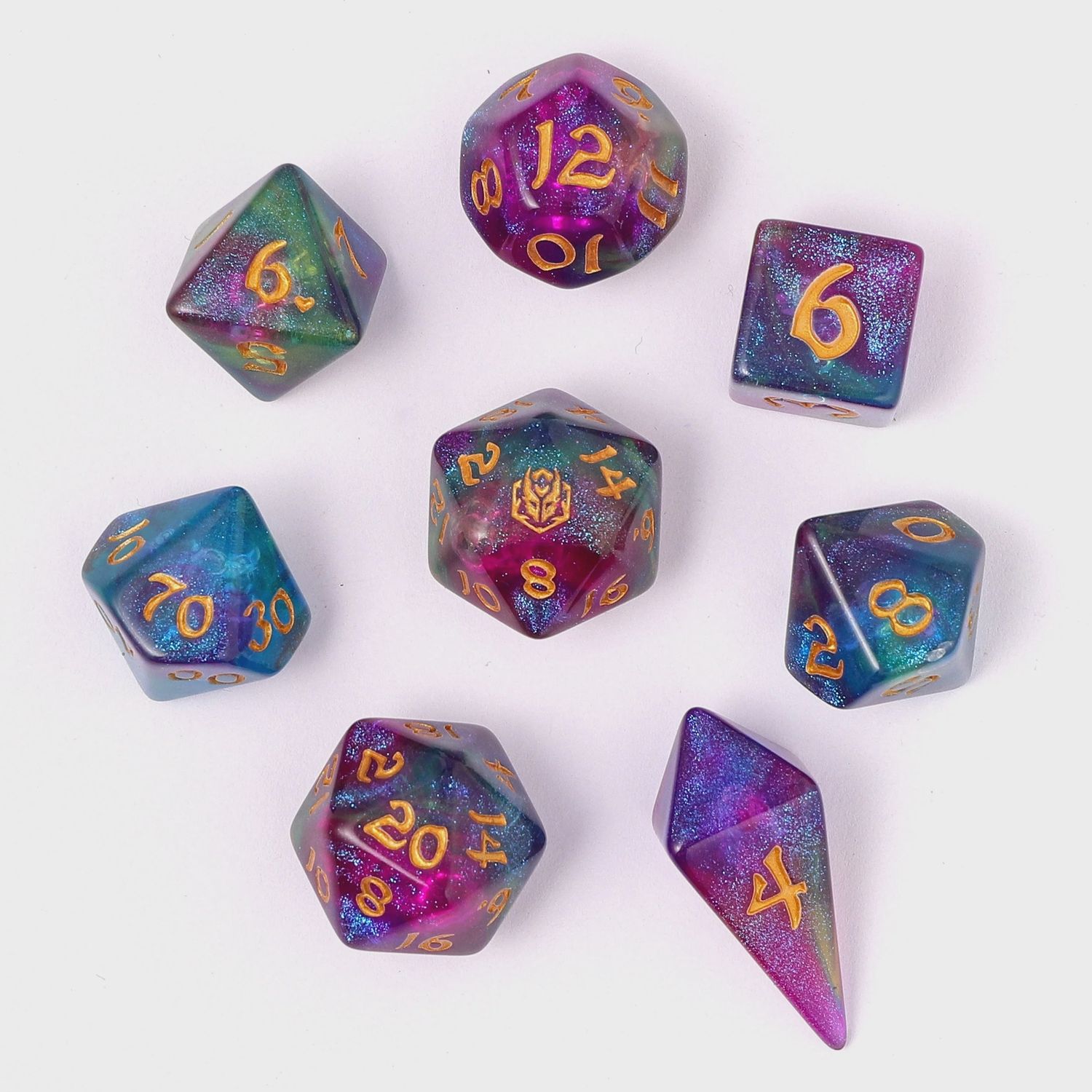 Wyrmforged Rollers - Rounded Edge 8 Piece Polyhedral Dice set - Siren&#39;s Melody