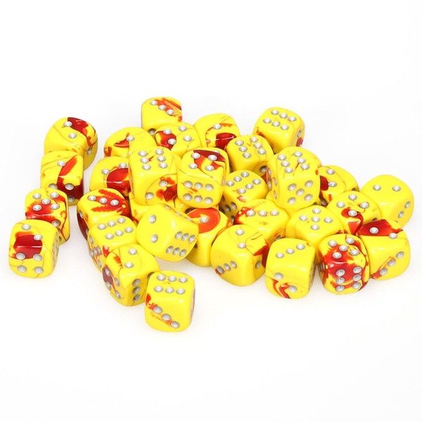 d6 Cube 12mm Gemini Red and Yellow with Silver