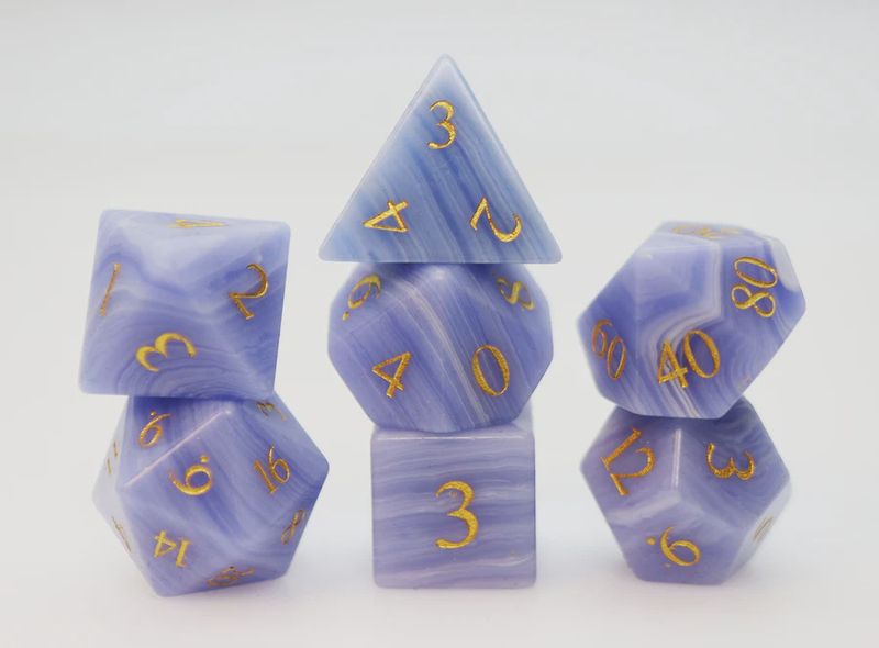Blue Lace Agate - Engraved with Gold Stone RPG Dice Set