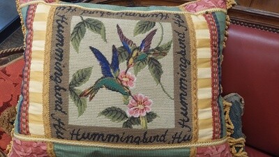 Pair of Hummingbird Needlepoint Patchwork Pillows