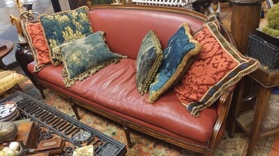 French Louis XVI Period Walnut Sofa Upholstered in red Hermes leather with plaid silk back panels