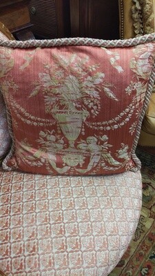 Pair of French Silk Damask Pillows with Custom Rope Trim