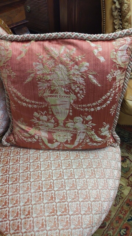 Pair of French Silk Damask Pillows with Custom Rope Trim
