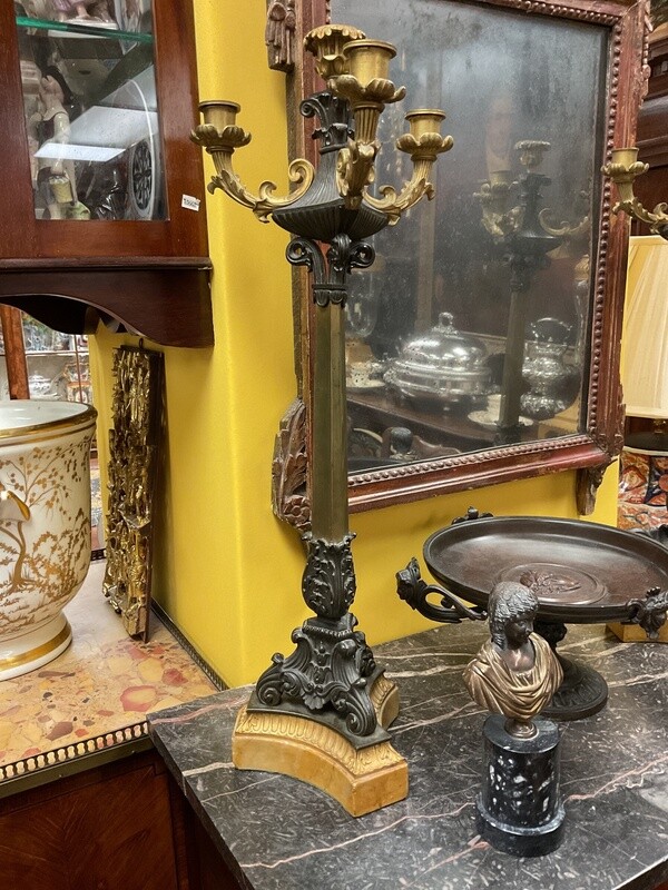 Pair of French Louis Phillipe Bronze Parcel Gilt Marble Candelabra