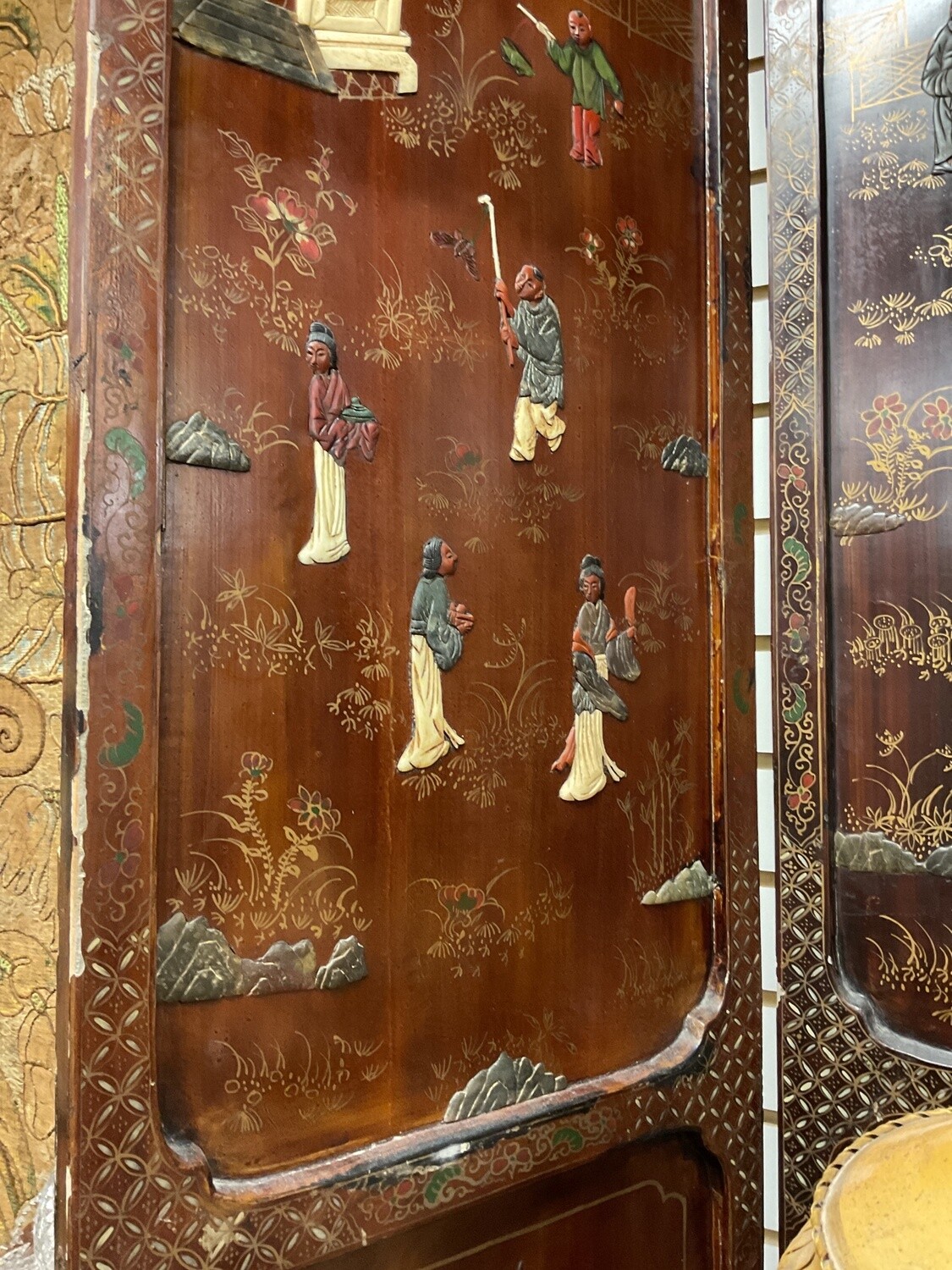 Chinese Four Panel Lacquer and Stone Inlay Folding Screen