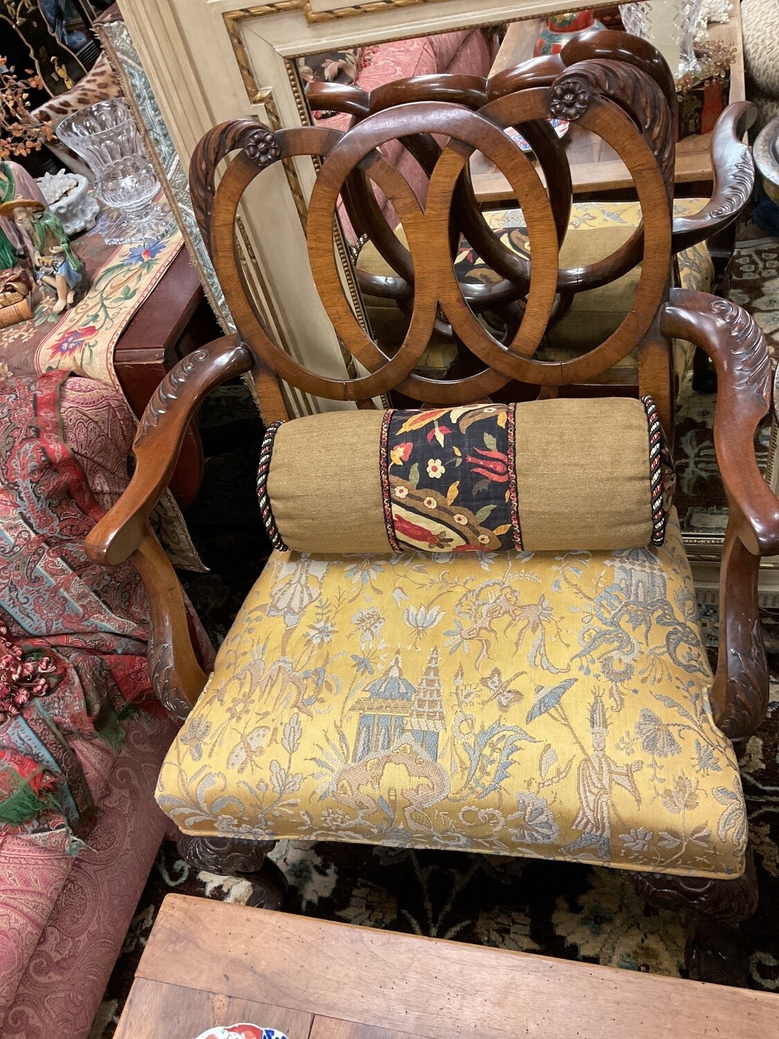 English Mahogany Armchair with Yellow Fabric Damask Seat