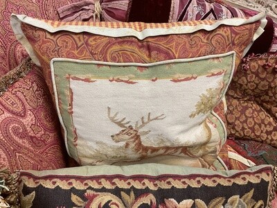 Pair of Aubusson Pillows with Deer and Dog Design