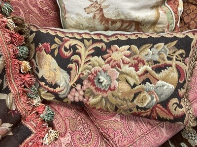 Pair of Aubusson Pillows with Monkey and Rooster Design