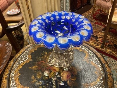 Blue Glass Cut to White Glass Silver Footed Compote