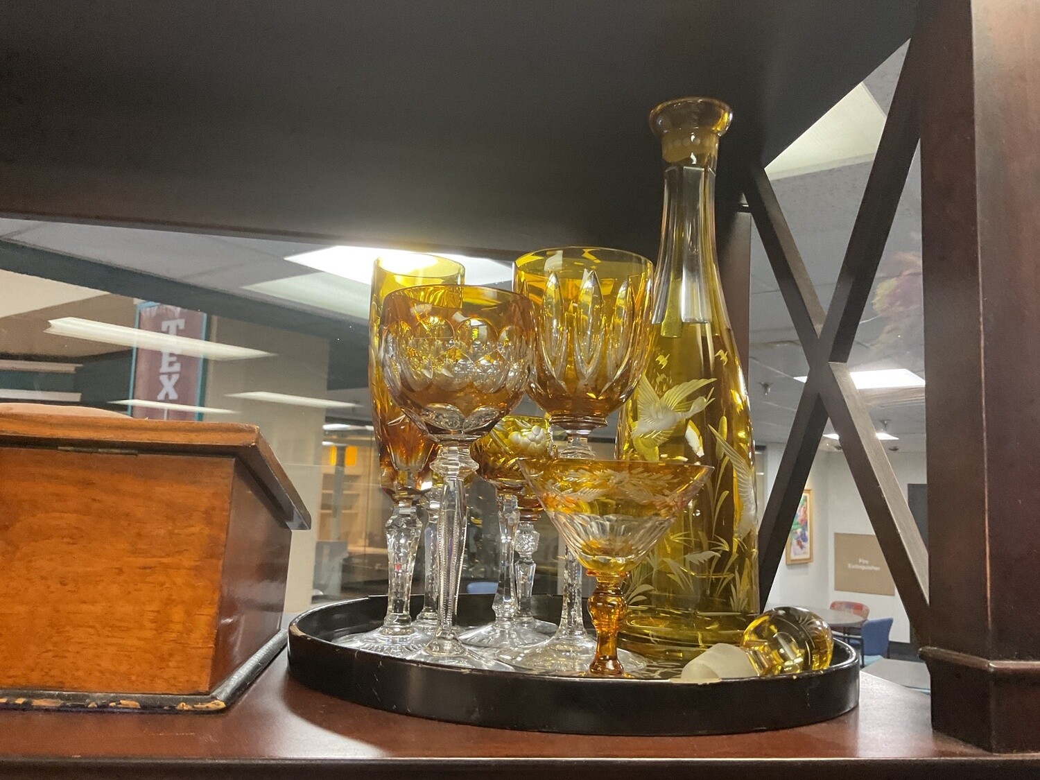 5 Piece Amber Cut to Clear Set of Decanter and 3 Liquor Glasses and a Martini Glass