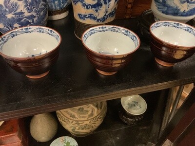 Set of Five Chinese Brown Tea Cups with Blue and White Interiors