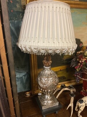 Pair of Wooden Urn Lamps with Flame Finial and Custom Silk Shade