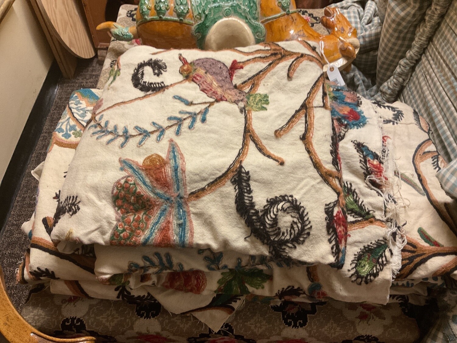 Four Crewelwork Linen Drapery Panels