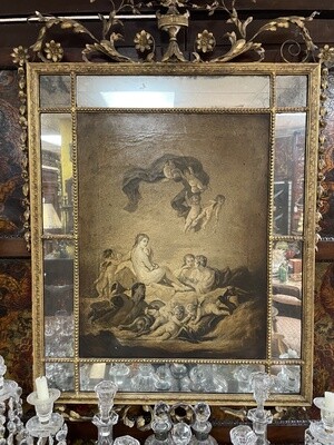 English Carved Wood Crusted and Peeling Gold Leaf Mirror Framed Sepia 0tone Neoclassical Painting