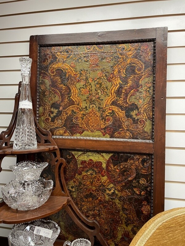 Five Panel Continental Mahogany Framed and Painted Leather 7 ft tall Screen