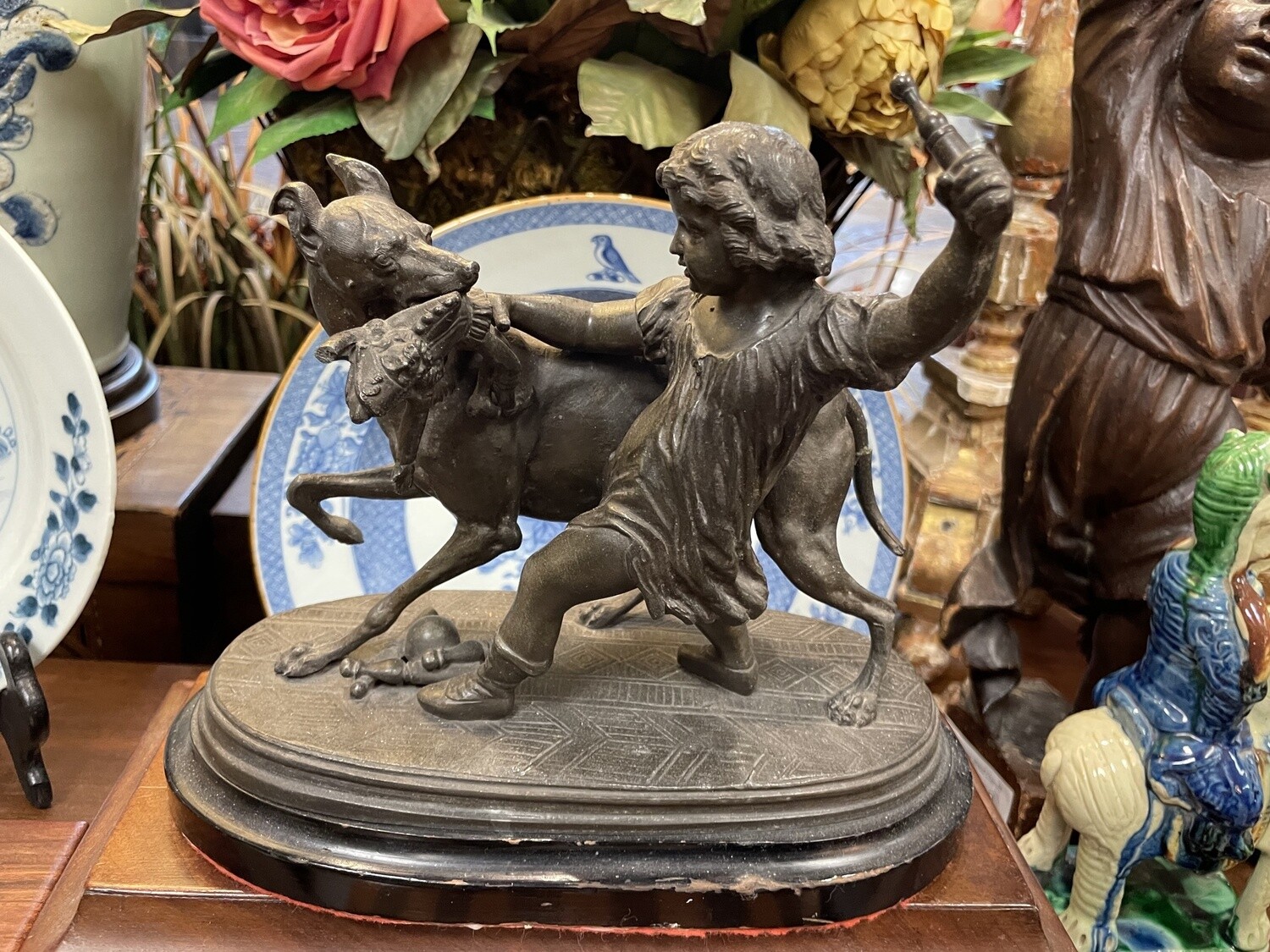 English Sculpted Spelter Figure of Child and Dog