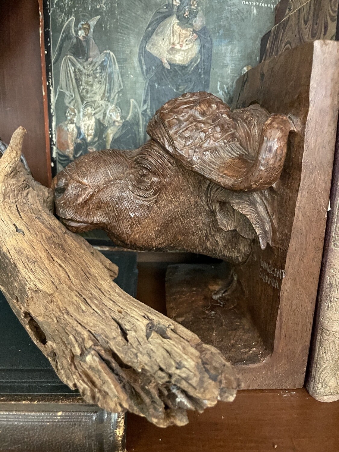 Pair of Carved Wood Cape Buffalo Book Ends