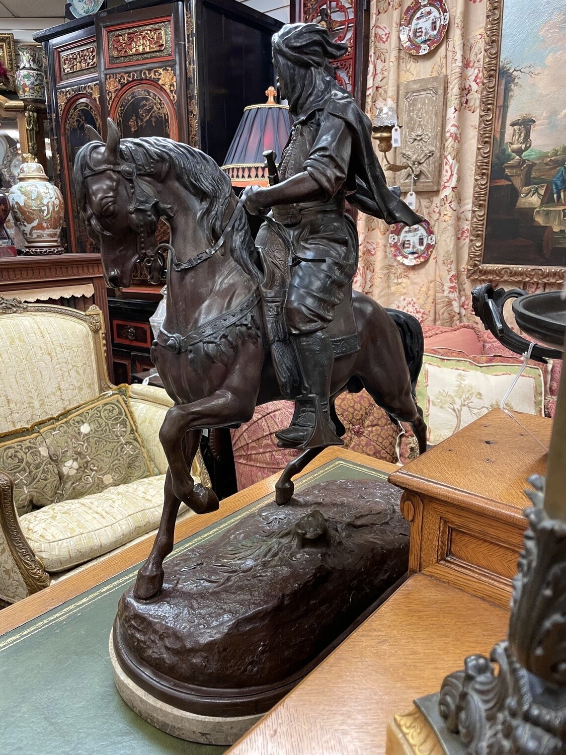 French Animalier School Bronze Arabian Knight Equestrian Statue by Baryne