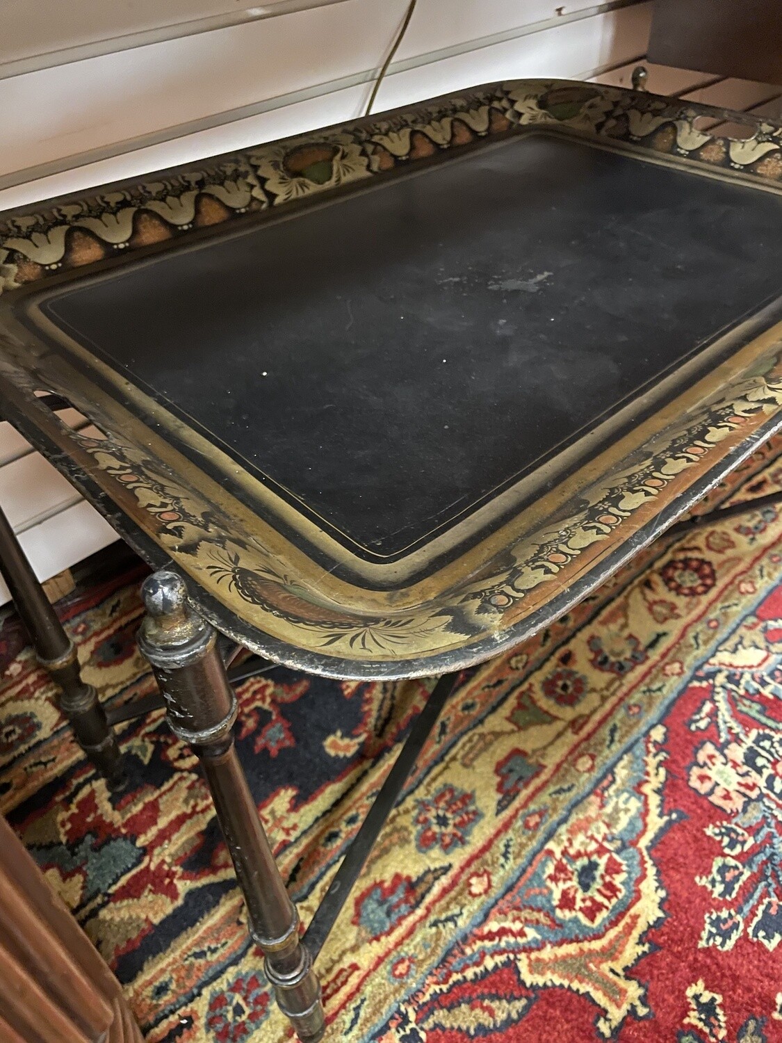 Black Painted Tole Tray on Stand