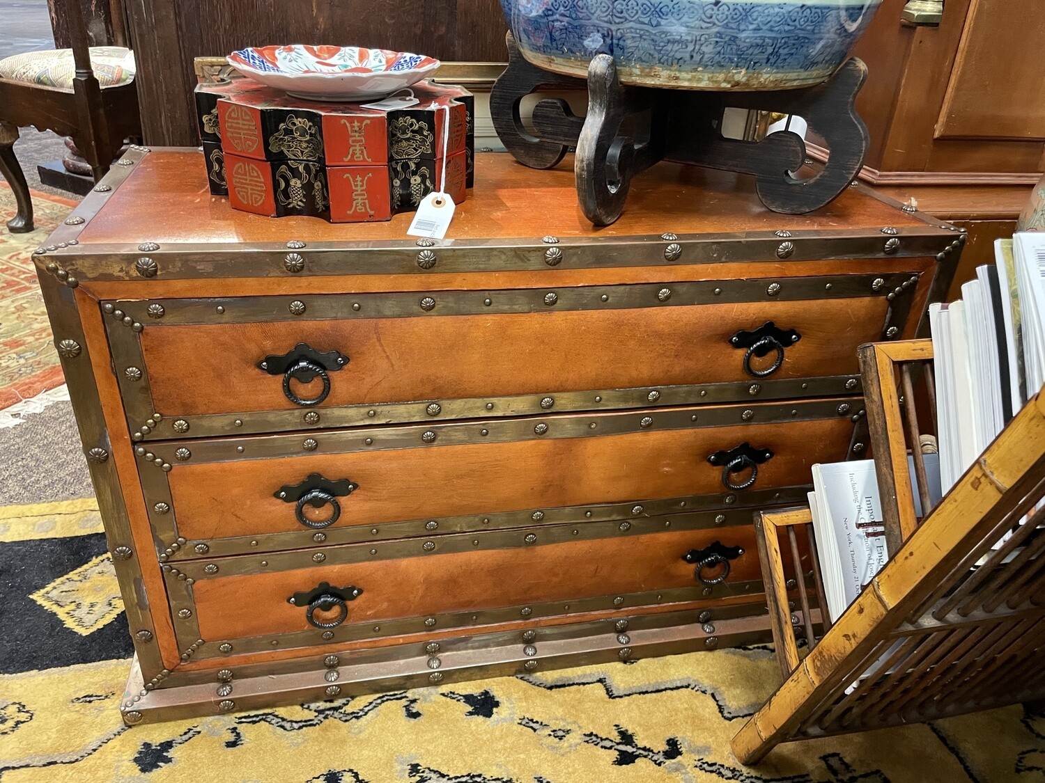 Pair of Campaign Style 3-Drawer Leather Brass and Steel Chest