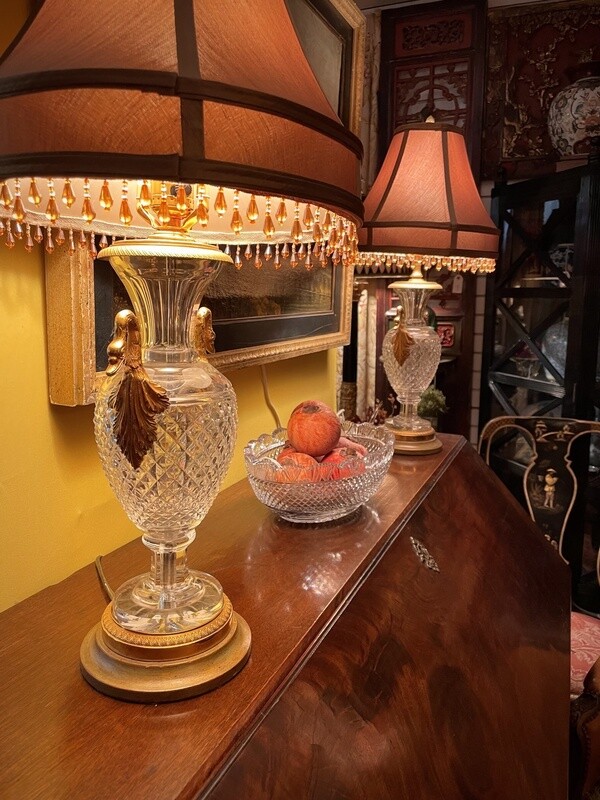 Pair of Baccarat Russian Cut Crystal and Gilt Bronze Lamps