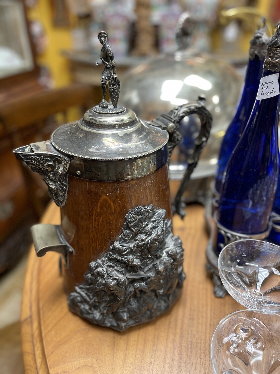 19th Century Scottish Oak and Silver Plated Ale Pitcher. Missing Porcelain Liner